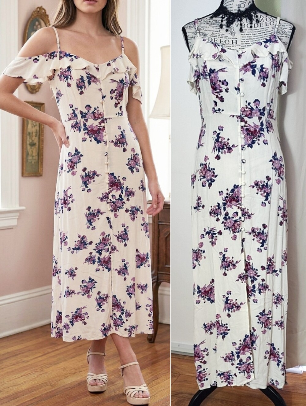 Y2K White Purple Floral Ruffle Cold Shoulder Midi Dress Medium Button Front